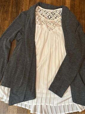 Bwear Charcoal Gray Open-Front Cardigan with Ivory Lace-Trim Blouse